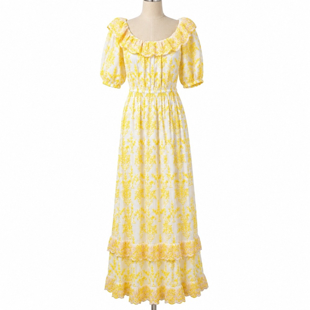 Floral Embroidered Ruffle Maxi Peasant Dress 2 Butter Yellow Cottagecore Regency